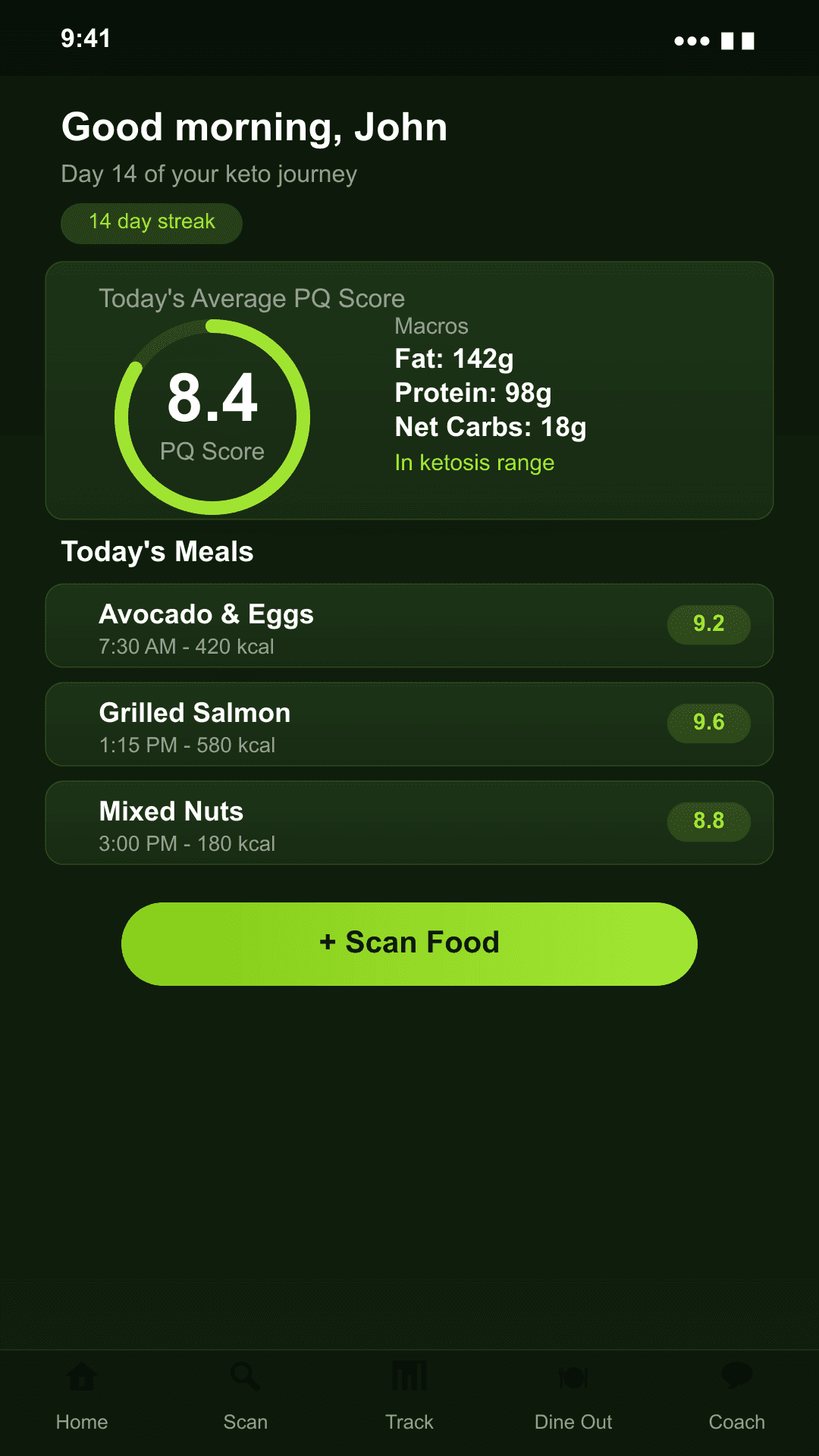 CleanKeto daily dashboard running as a full-screen app